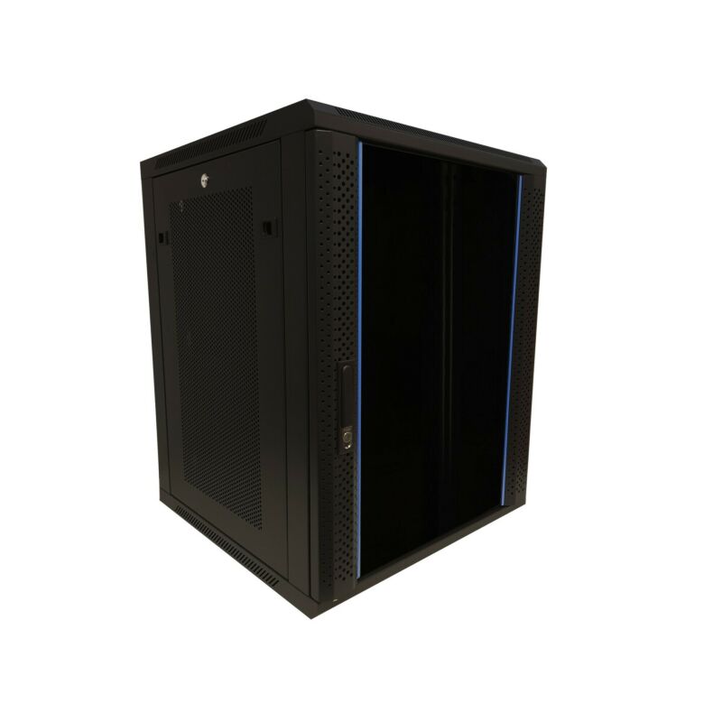 15U wall mount server rack with glass door and perforated side panels 600x600x368mm (WxDxH)