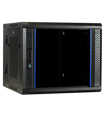 9U wall mount server rack (tilting) with glass door and perforated side panels 600x600x500mm (WxDxH)