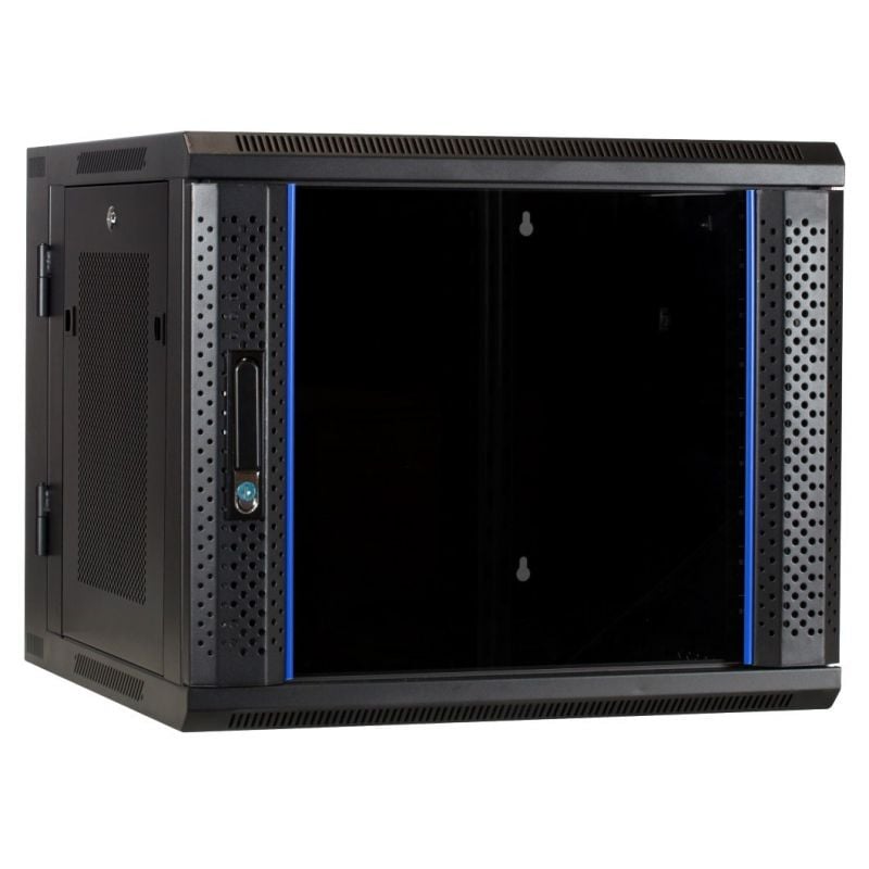 9U wall mount server rack (tilting) with glass door and perforated side panels 600x600x500mm (WxDxH)