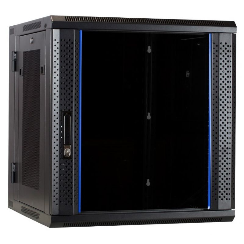 12U wall rack (tilting) with glass door and perforated side panels 600x600x635mm (WxDxH)