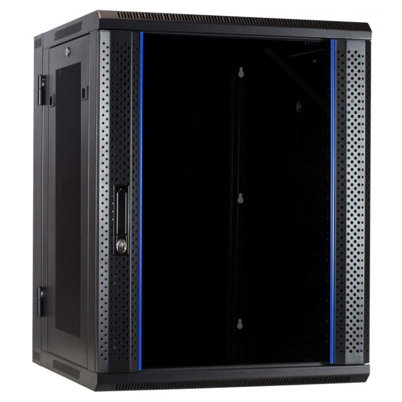 15U wall rack (tilting) with glass door and perforated side panels 600x600x770mm (WxDxH)