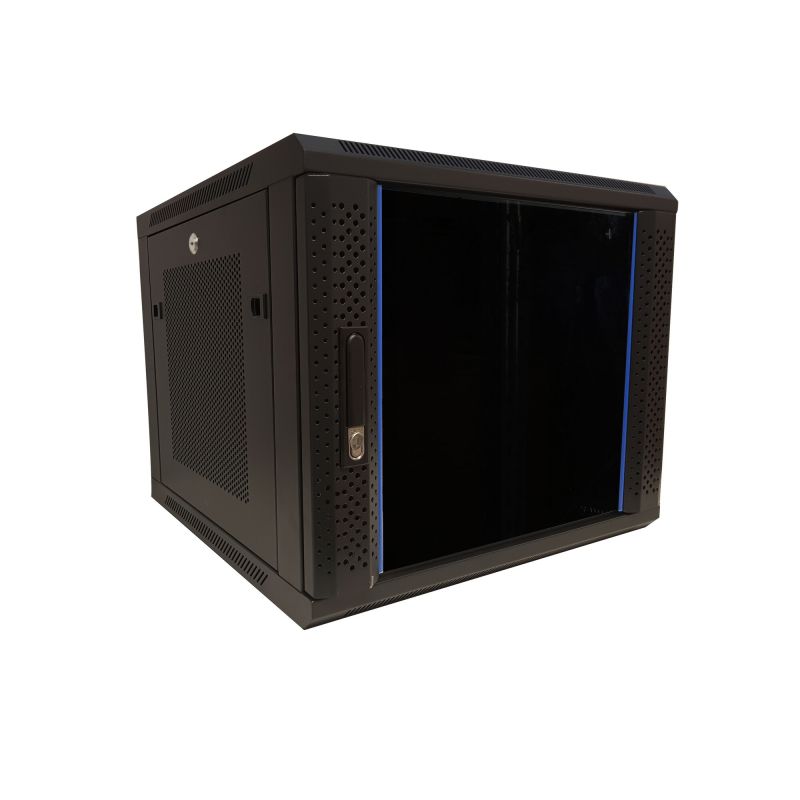 9U wall mount server rack with glass door and perforated side panels 600x600x368mm (WxDxH)