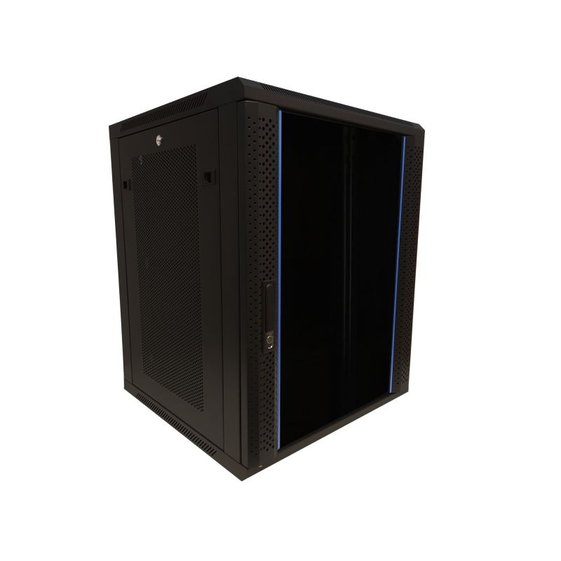 15U wall mount server rack with glass door and perforated side panels 600x600x368mm (WxDxH)